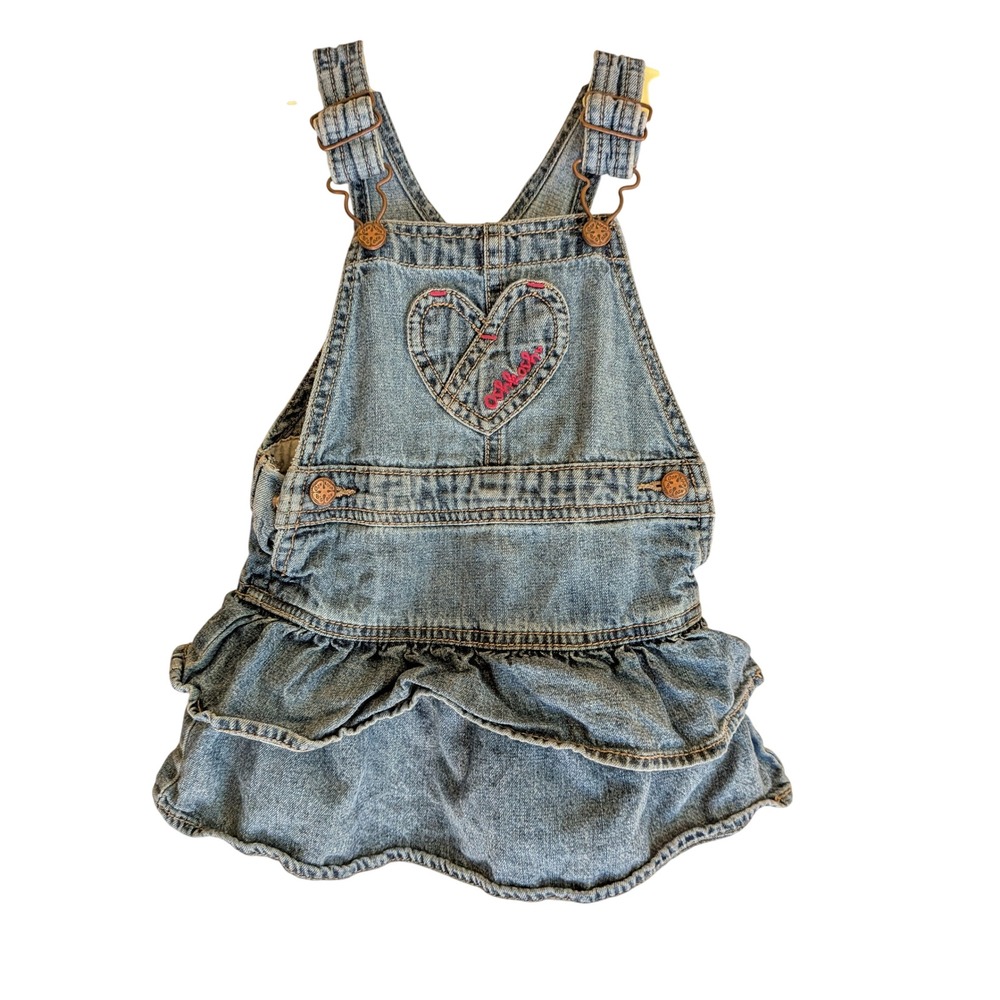 Vintage OshKosh Denim Jumper Dress Baby Girl 24 mo Ruffle Heart Tiered Denim